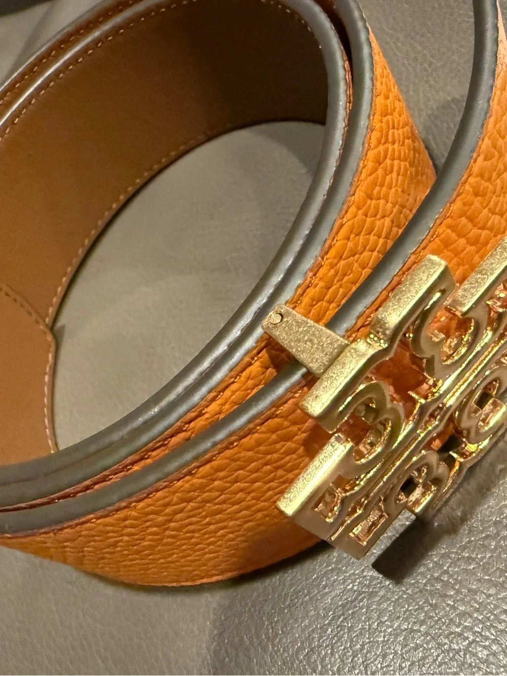 NWT Tory Burch Reversible Britten Leather Belt 1.5” XS Orange Citrine Moose Gold